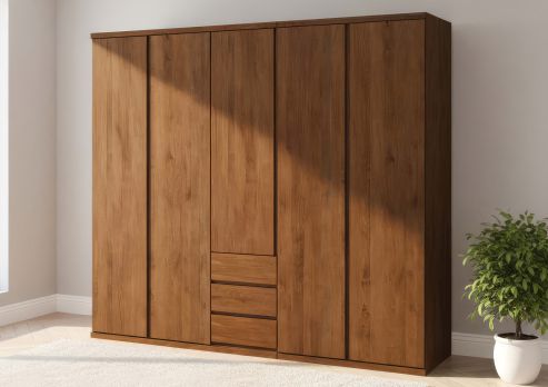 Buchenschrank Dunkel „Romana“, 5-türig, Höhe 220 cm, Griffausführung „Patrizia“, Inneneinrichtung: E