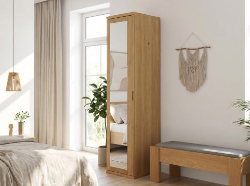 Eichenschrank Hell „Sandra“, 1-türig, Höhe 220 cm, Griffausführung „Heidi", Türanschlag: rechts