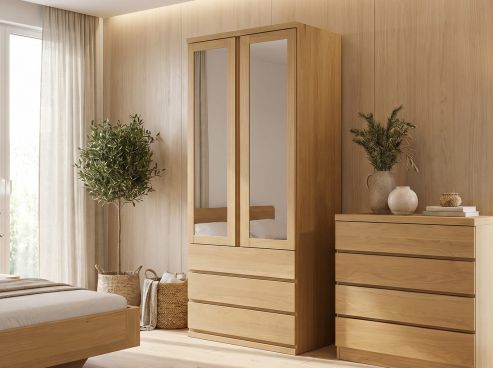 Eichenschrank Hell „Sandra“, 2-türig, Höhe 220 cm, Griffausführung „Patrizia“, Inneneinrichtung: E