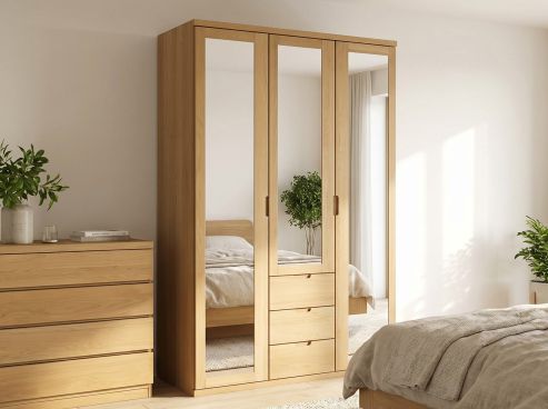 Eichenschrank Hell „Sandra“, 3-türig, Höhe 220 cm, Griffausführung „Lukas“, Inneneinrichtung: E