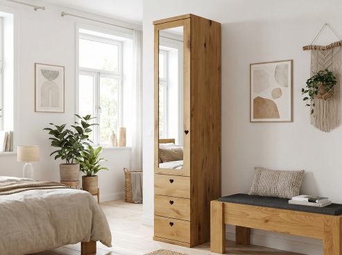 Wildeichenschrank „Sandra“, 1-türig, Höhe 220 cm, Griffausführung „Heidi", Türanschlag: rechts