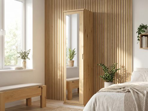 Wildeichenschrank Hell „Sandra“, 1-türig, Höhe 220 cm, Griffausführung „Lukas“, Türanschlag links