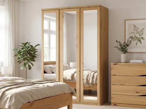 Wildeichenschrank Hell „Sandra“, 3-türig, Höhe 220 cm, Griffausführung „Patrizia“, Inneneinrichtung: E