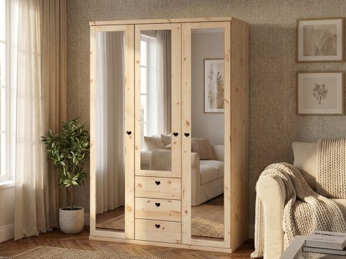 Zirbenschrank „Sandra“, 3-türig, Höhe 220 cm, Griffausführung „Heidi“, Inneneinrichtung: E