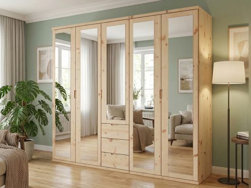 Zirbenschrank „Sandra“, 5-türig, Höhe 220 ​cm, Griffausführung „Lukas“, Inneneinrichtung: E