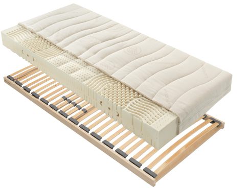 Das Schlafsystem „Matratze Mario mit Lattenrost Andrea“ besteht aus einer Naturlatex-Matratze und einem Lattenrost.