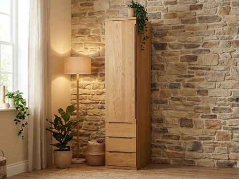 Eichenschrank „Valentin“, 1-türig, Höhe 220 cm, Griffausführung „Lukas“, Inneneinrichtung: D, Türanschlag links