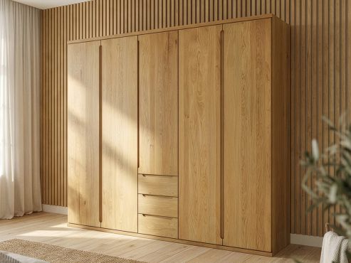 Eichenschrank „Valentin“, 5-türig, Höhe 220 cm, Griffausführung „Lukas“, Inneneinrichtung: E