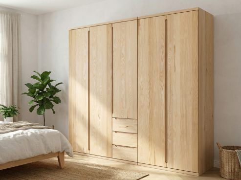 Eschenschrank „Valentin“, 5-türig, Höhe 220 cm, Griffausführung „Lukas“, Inneneinrichtung: E