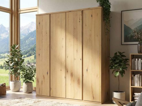 Wildeichenschrank Hell „Valentin“, 4-türig, Höhe 220 cm, Griffausführung „Patrizia“