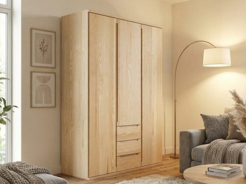 Eschenschrank „Valentin“, 3-türig, Höhe 220 cm, Griffausführung „Lukas“, Inneneinrichtung: E