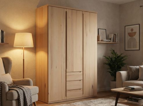 Buchenschrank „Valentin“, 3-türig, Höhe 220 cm, Griffausführung „Lukas“, Inneneinrichtung: E