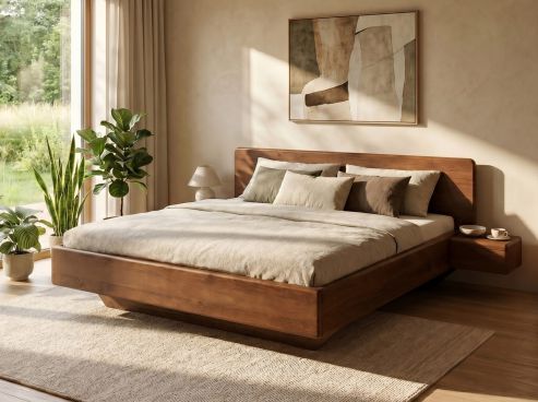 Buchenbett Dunkel „Valentina“ in 180 x 200 cm mit 2 Nachttischen - Griff: Grifflos