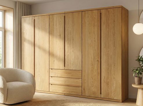 Eichenschrank „Valentin“, 6-türig, Höhe 220 cm, Griffausführung „Patrizia“, Inneneinrichtung: A