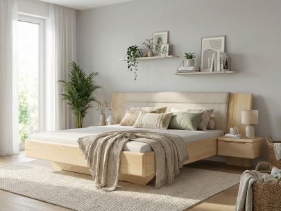 Eschenbett „Nadja“ in 180 x 200 cm, mit zwei Nachttischen (50cm) Griff: Griffleiste B und Stoff: Schafschurwolle „Fischgrät“ in der Farbe Holunderblüte