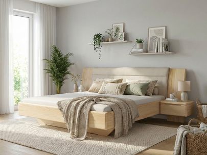 Eschenbett „Nadja“ in 180 x 200 cm, mit zwei Nachttischen (50cm) Griff: Griffleiste B und Stoff: Schafschurwolle „Fischgrät“ in der Farbe Holunderblüte