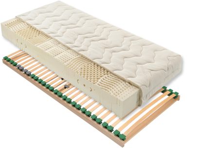 Das Schlafsystem „Julian & Lattenrost“ besteht aus einer Naturlatex-Matratze und einem metallfreien Lattenrost.