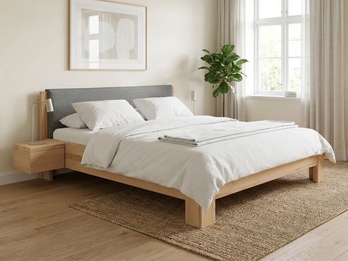 „Alois“ in 180 x 200 cm, mit Stoffkopfteil - Stoff: Schafschurwolle „Loden“ in der Farbe Abenddämmerung