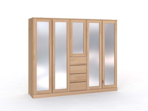 Buchenschrank „Alpenrose“, 5-türig, Höhe 210 cm, Griffleiste A („Patrizia"), mit Schubladen