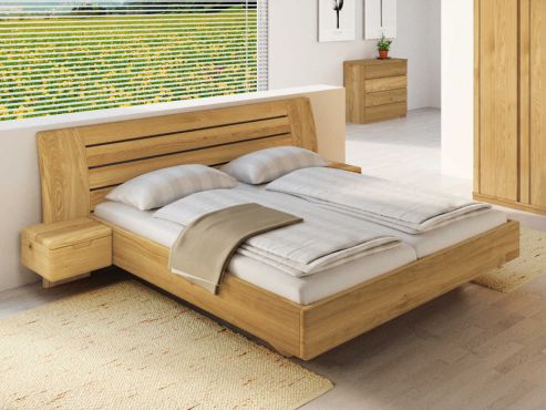 Schlafzimmer aus Massivholz Eiche mit Eichenbett "Bettina" 180 x 200 cm mit schmalen Nachttischen