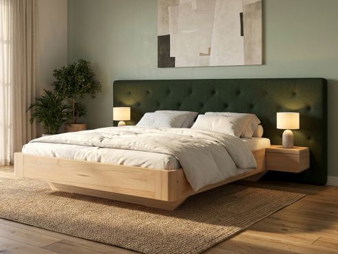 Buchenbett „Clarissa" mit Polsterkopfteil „Michael" geknöpft, 290 cm, Loden in Tannenwald