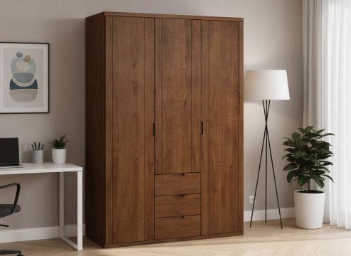 Buchenschrank Dunkel „Egon“, 3-türig, Höhe 220 cm, Griffausführung „Lukas“, Inneneinrichtung: E