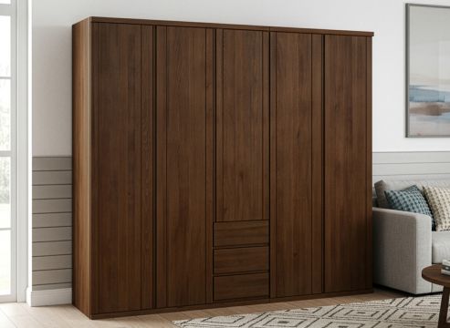 Buchenschrank Dunkel „Egon“, 5-türig, Höhe 220 cm, Griffausführung „Patrizia“, Inneneinrichtung: E