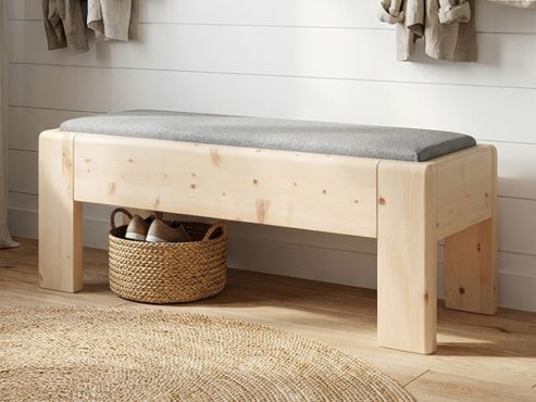 Zirbenbank „Greta“ 120 cm in Komforthöhe, Stoff: Loden in der Farbe Nebelgrau