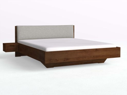 Kernbuchenbett Dunkel „Lukas“ in 180 x 200 cm mit zwei Nachttischen und Stoffkopfteil - Stoff: Schafschurwolle „Loden“ in der Farbe Nebelgrau