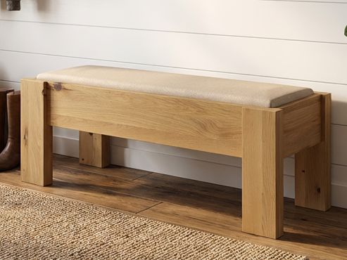 Bank Wildeiche Hell „Manfred“ in Komforthöhe, Stoff: Fischgrät in der Farbe Holunderblüte 