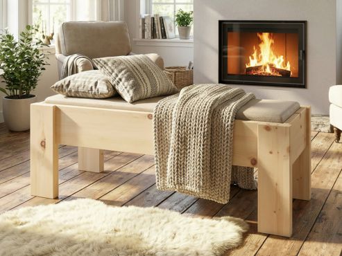 Bank Zirbe „Manfred“ in Komforthöhe, Stoff: Loden in der Farbe Holunderblüte