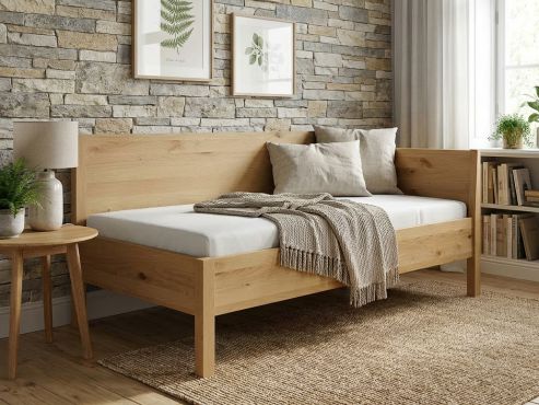 Sofabett „Melanie“ aus Wildeiche Hell in den Maßen 90 x 200 cm - mit zwei Armlehnen