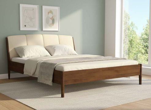 Buchenbett Dunkel „Oliver“ in 180 x 200 cm, mit Kopfteil „genäht“ - Stoff: Schafschurwolle „Fischgrät“ in der Farbe Holunderblüte