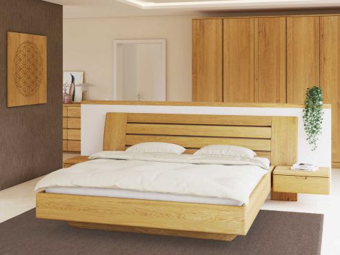 Schlafzimmer aus Massivholz Eiche mit Eichenbett "Bettina" 180 x 200 cm mit schmalen Nachttischen