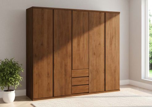 Buchenschrank Dunkel „Romana“, 5-türig, Höhe 220 cm, Griffausführung „Patrizia“, Inneneinrichtung: E