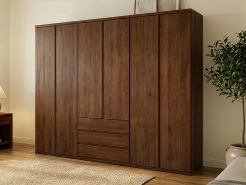 Buchenschrank „Romana“, 6-türig, Höhe 220 cm, Griffausführung „Lukas“, Inneneinrichtung: D