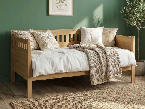 Sofabett „Stefanie“ aus Wildeiche Hell in den Maßen 90 x 200 cm - mit zwei Armlehnen