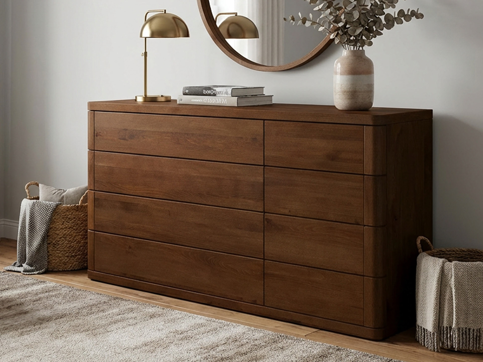 Dunkle Buchenkommode „Diana“ mit 4 breiten und 4 schmalen Laden rechts