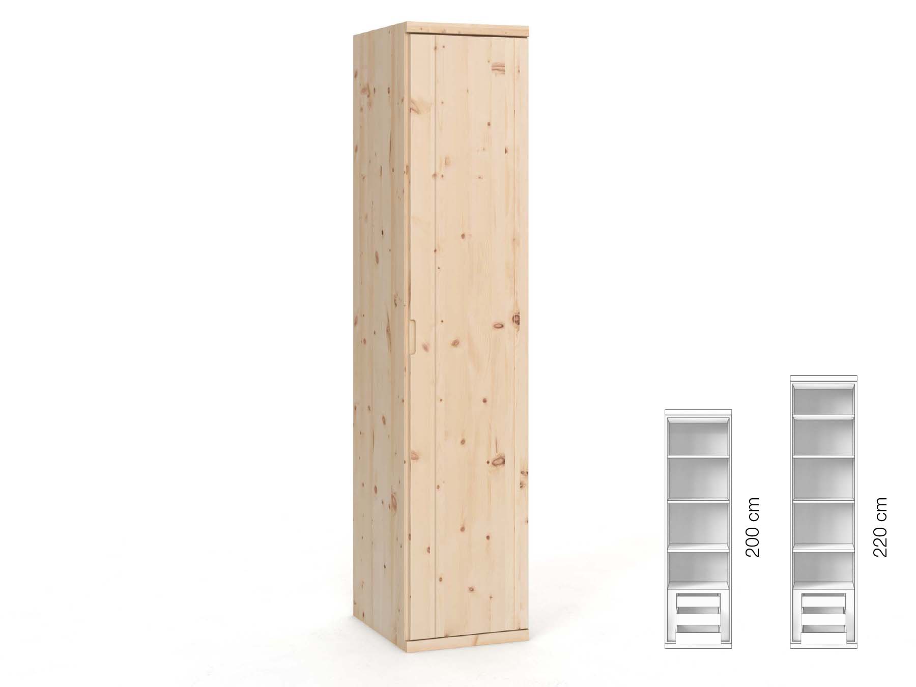 Zirbenschrank „Egon“, 1-türig, Höhe 220 cm, Griffausführung „Lukas“, Inneneinrichtung: C, Türanschlag rechts