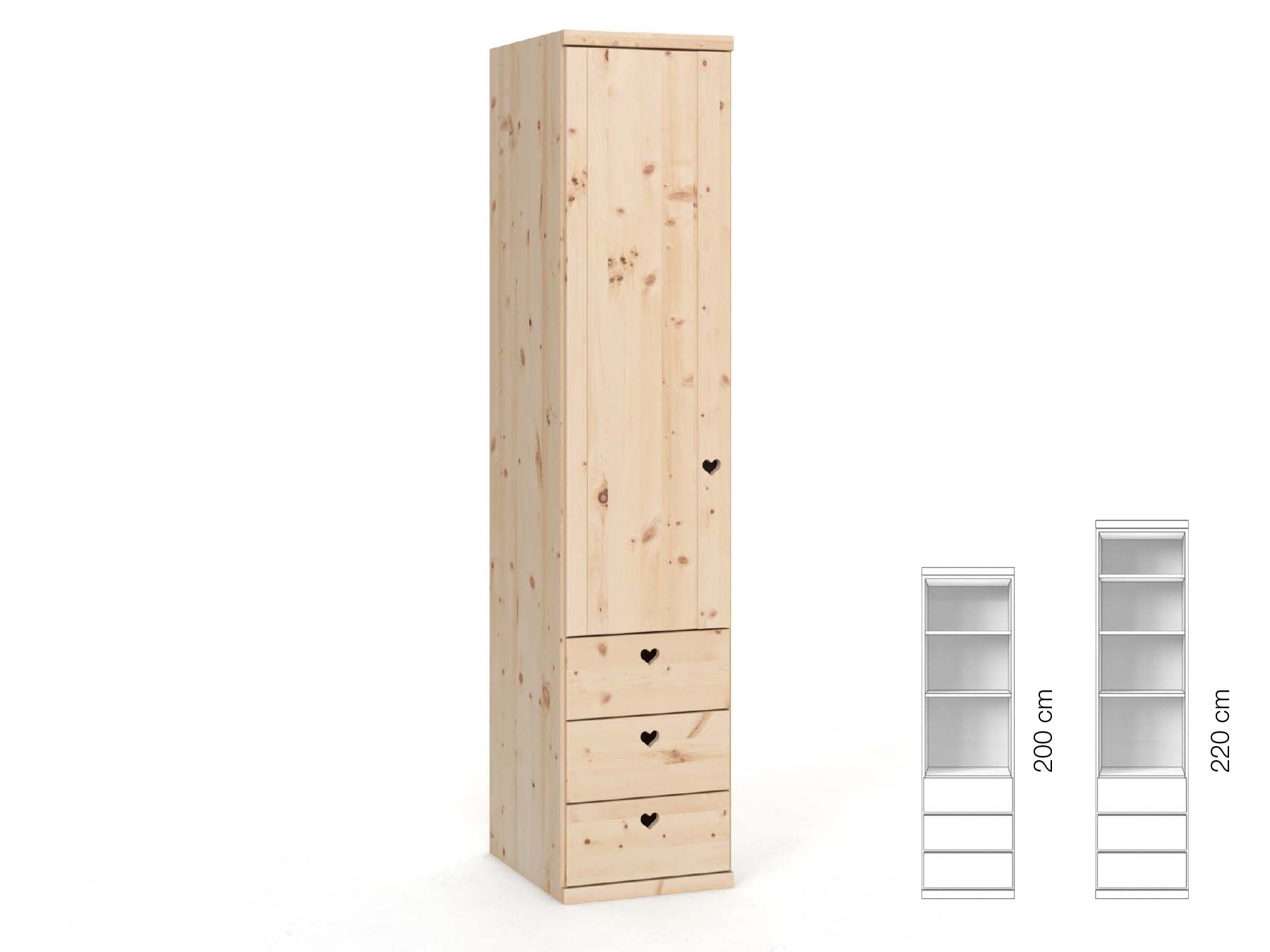 Zirbenschrank „Egon“, 1-türig, Höhe 220 cm, Griffausführung „Heidi“, Inneneinrichtung: D, Türanschlag links