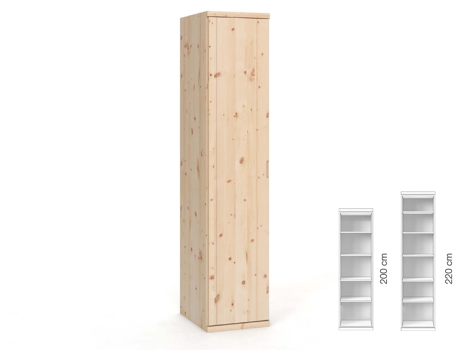 Zirbenschrank „Egon“, 1-türig, Höhe 220 cm, Griffausführung „Lukas“, Inneneinrichtung: B, Türanschlag links
