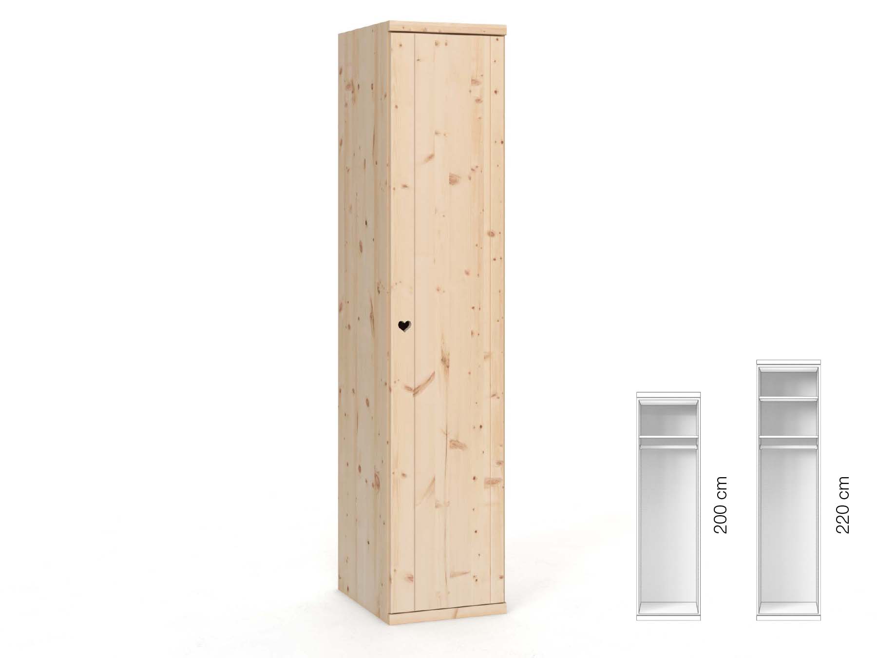Zirbenschrank „Egon“, 1-türig, Höhe 220 cm, Griffausführung „Heidi“, Inneneinrichtung: A, Türanschlag rechts