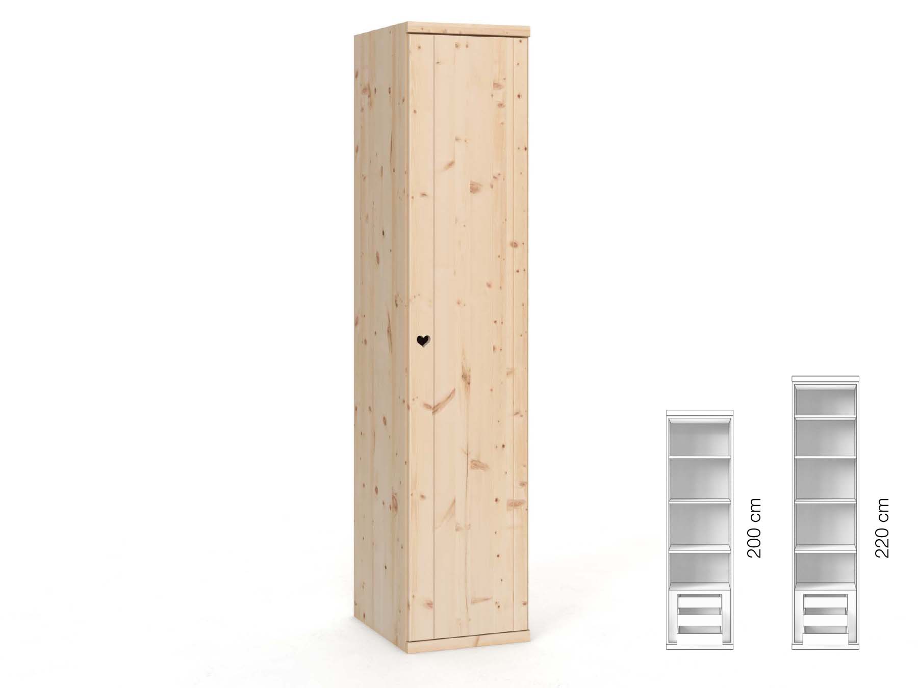 Zirbenschrank „Egon“, 1-türig, Höhe 220 cm, Griffausführung „Heidi“, Inneneinrichtung: C, Türanschlag rechts