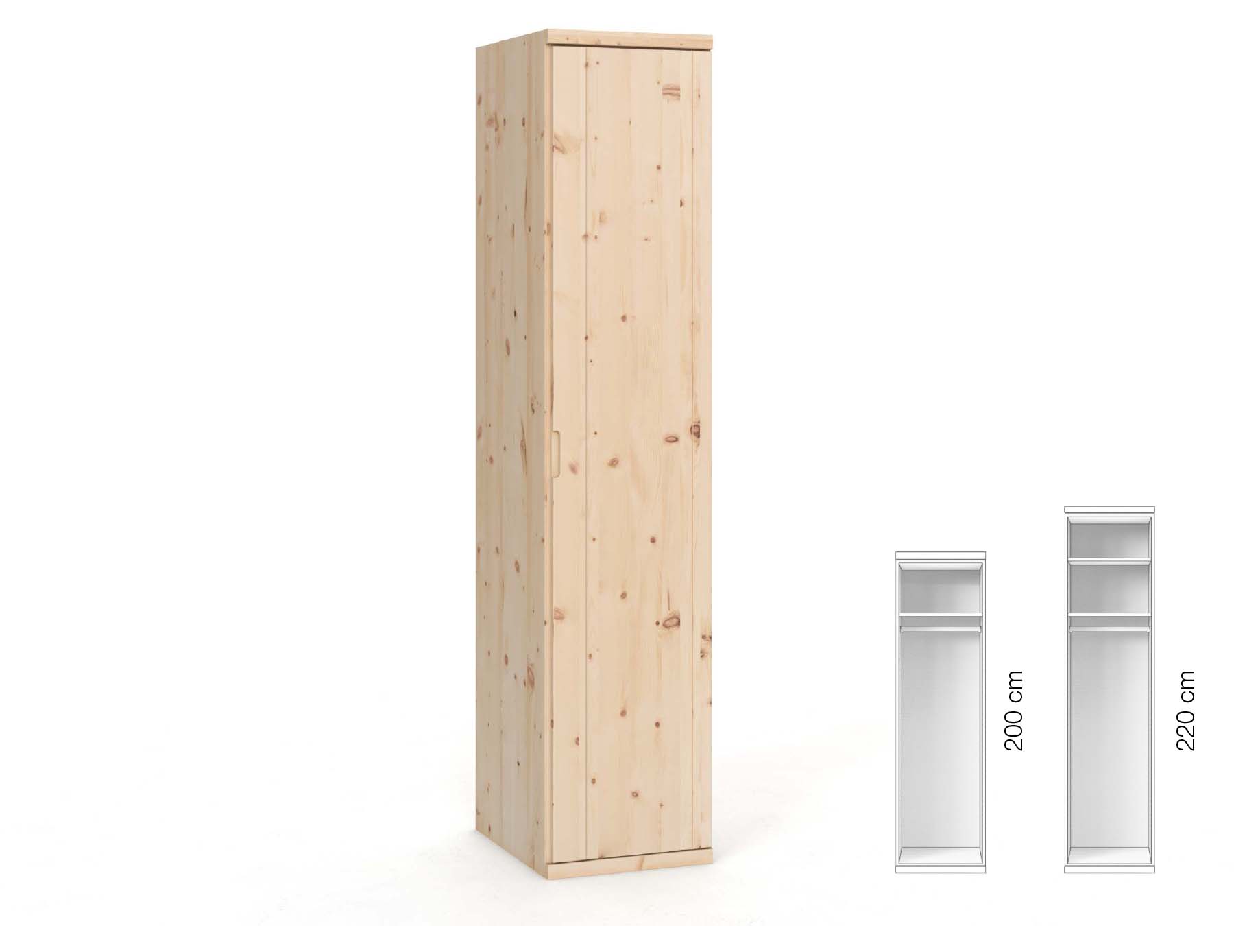 Zirbenschrank „Egon“, 1-türig, Höhe 220 cm, Griffausführung „Lukas“, Inneneinrichtung: A, Türanschlag rechts