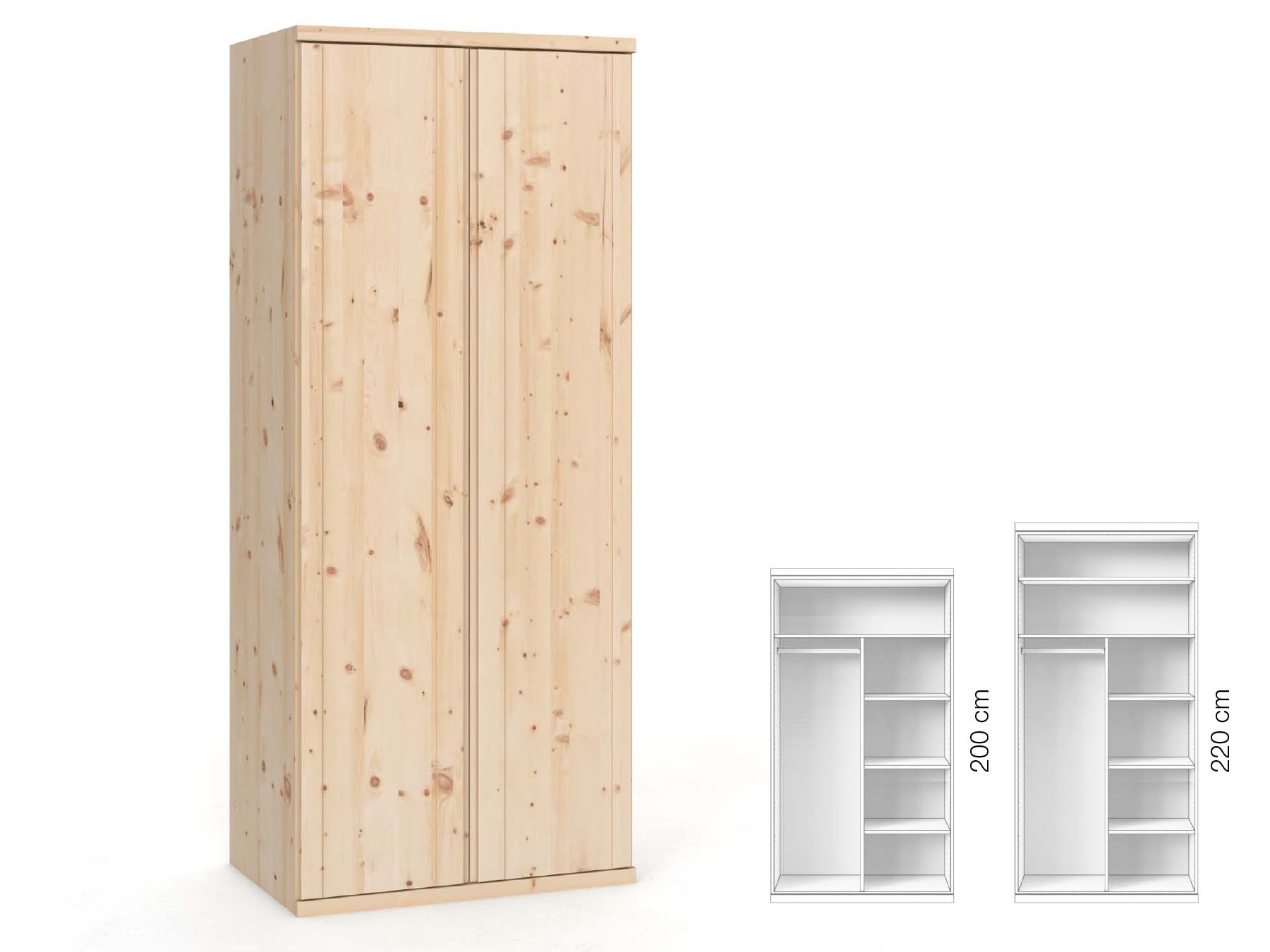 Zirbenschrank „Egon“, 2-türig, Höhe 220 cm, Griffausführung „Patrizia“, Inneneinrichtung: B