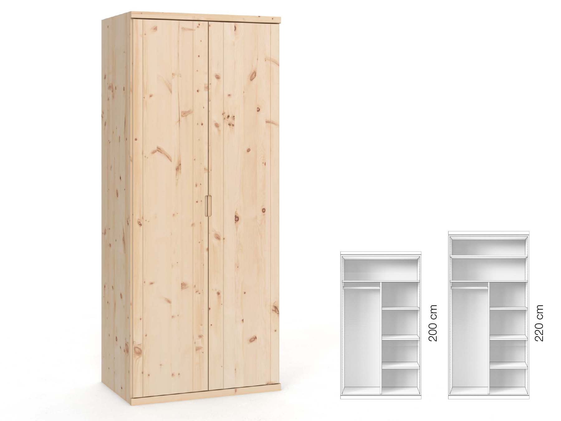 Zirbenschrank „Egon“, 2-türig, Höhe 220 cm, Griffausführung „Lukas“, Inneneinrichtung: B