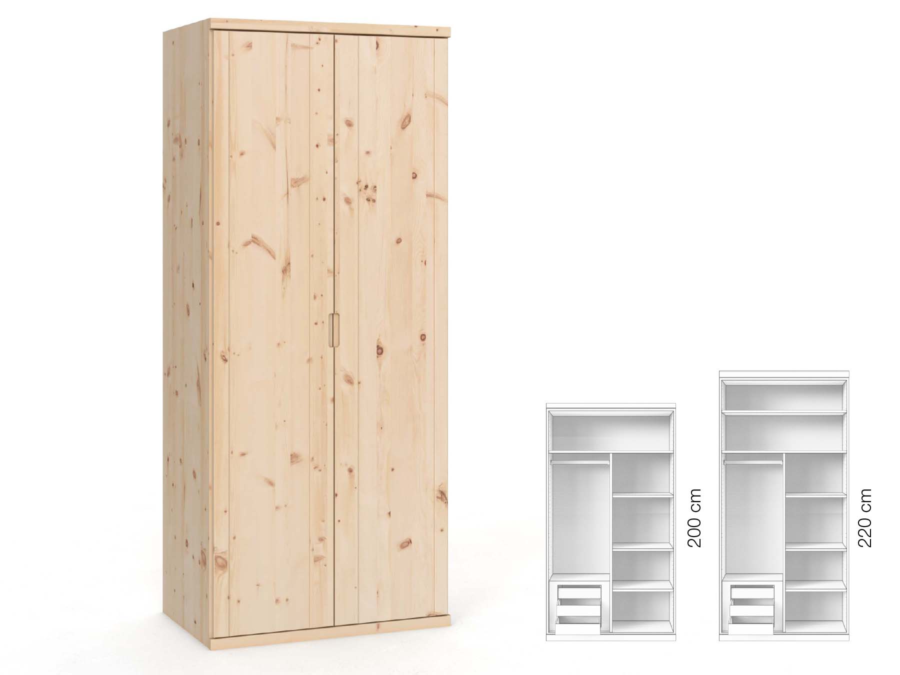 Zirbenschrank „Egon“, 2-türig, Höhe 220 cm, Griffausführung „Lukas“, Inneneinrichtung: C