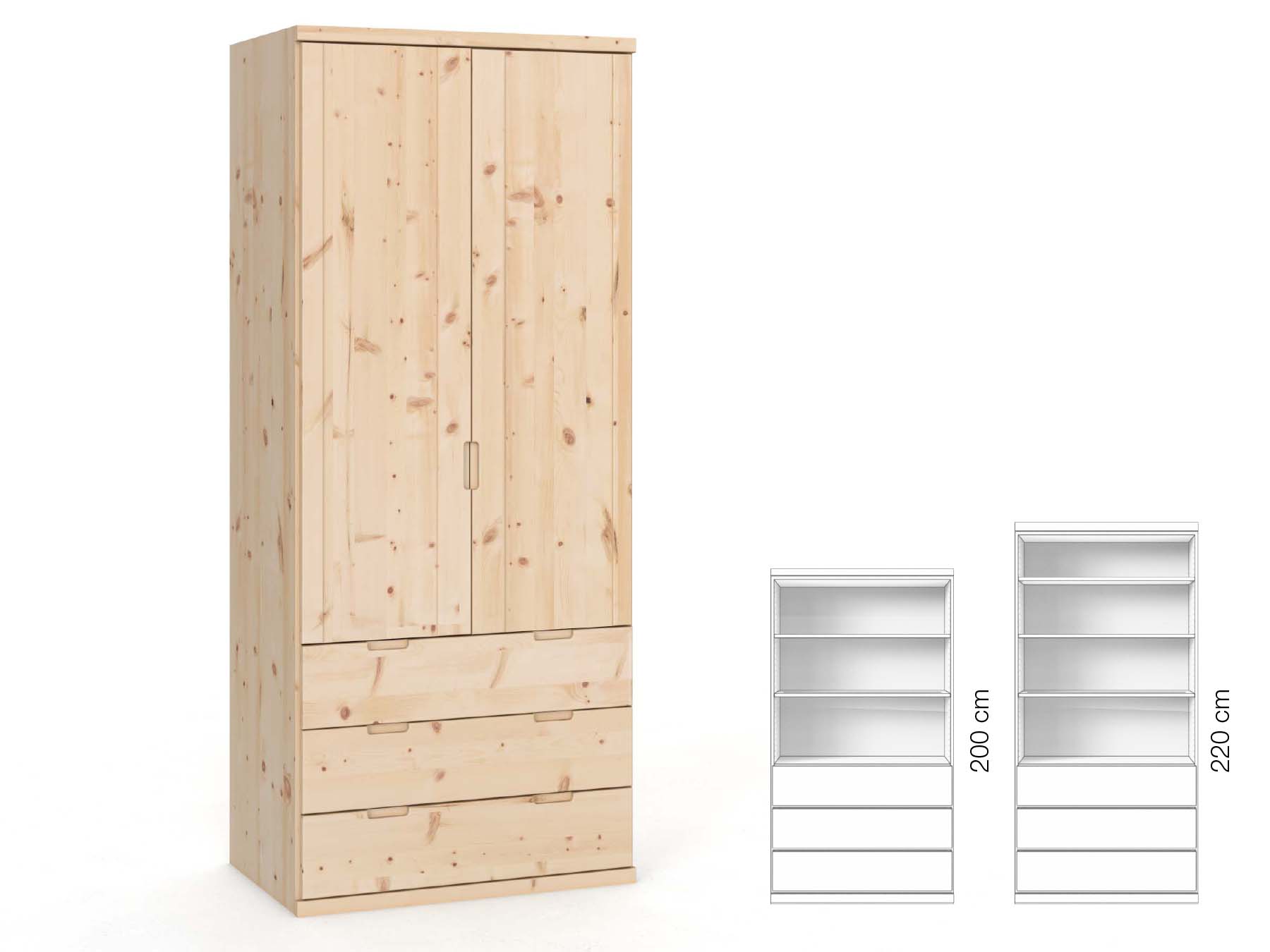 Zirbenschrank „Egon“, 2-türig, Höhe 220 cm, Griffausführung „Lukas“, Inneneinrichtung: E