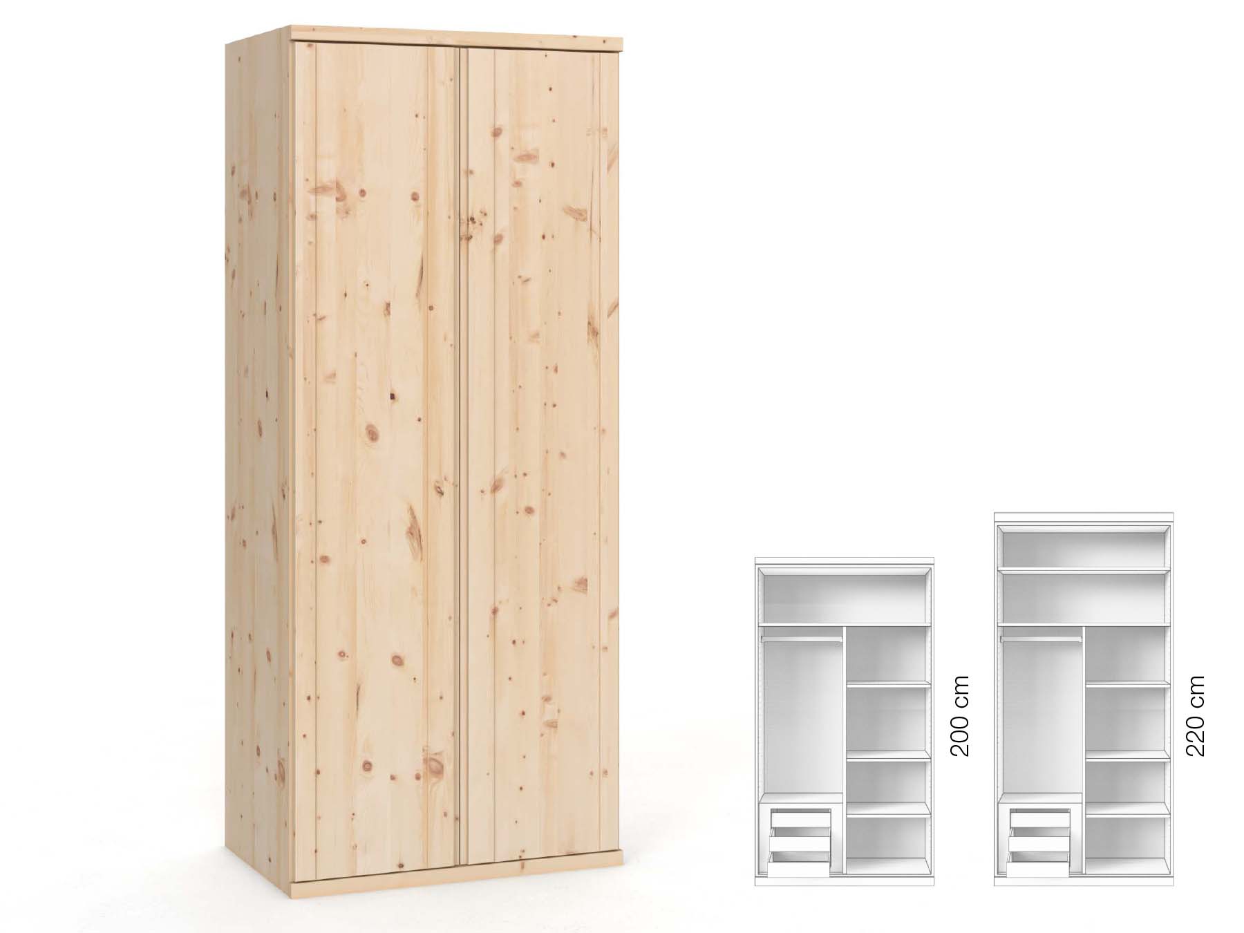 Zirbenschrank „Egon“, 2-türig, Höhe 220 cm, Griffausführung „Patrizia“, Inneneinrichtung: C