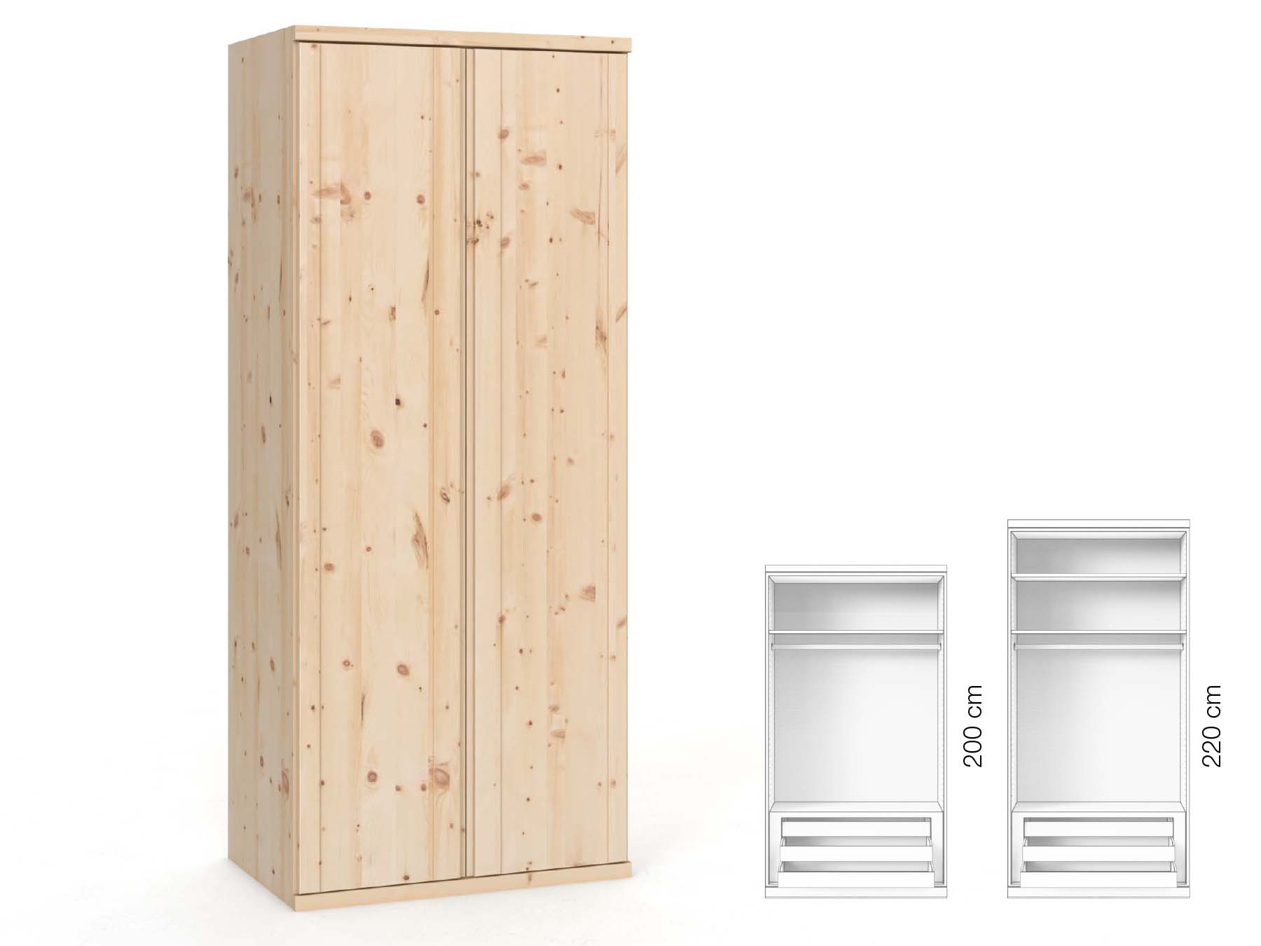 Zirbenschrank „Egon“, 2-türig, Höhe 220 cm, Griffausführung „Patrizia“, Inneneinrichtung: D
